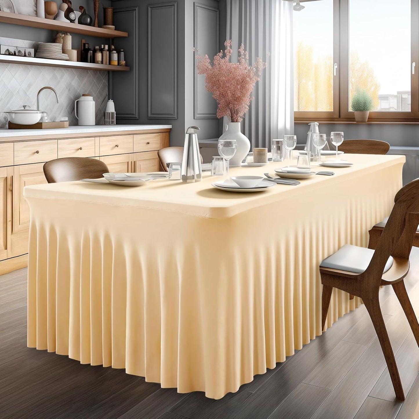 1 Pack Dark Champagne Table Clothes for 4 Foot Rectangle Tables, One-Piece Wrinkle Resistant Stretch Spandex Table Covers with Skirt for Event Banquet Wedding Birthday Party