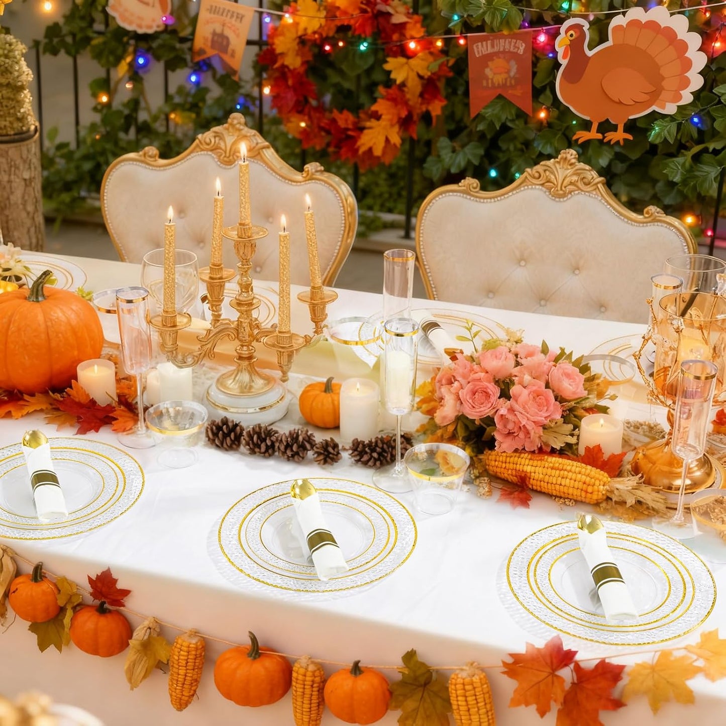 Ciaell 350PCS Clear Plastic Plates with Gold Trim for 50 Guests, Disposable Dinnerware Set for Wedding & Thanksgiving, Includes 100 Plastic Plates, 50 Pre Rolled Napkins with Gold Silverware, 50 Cups