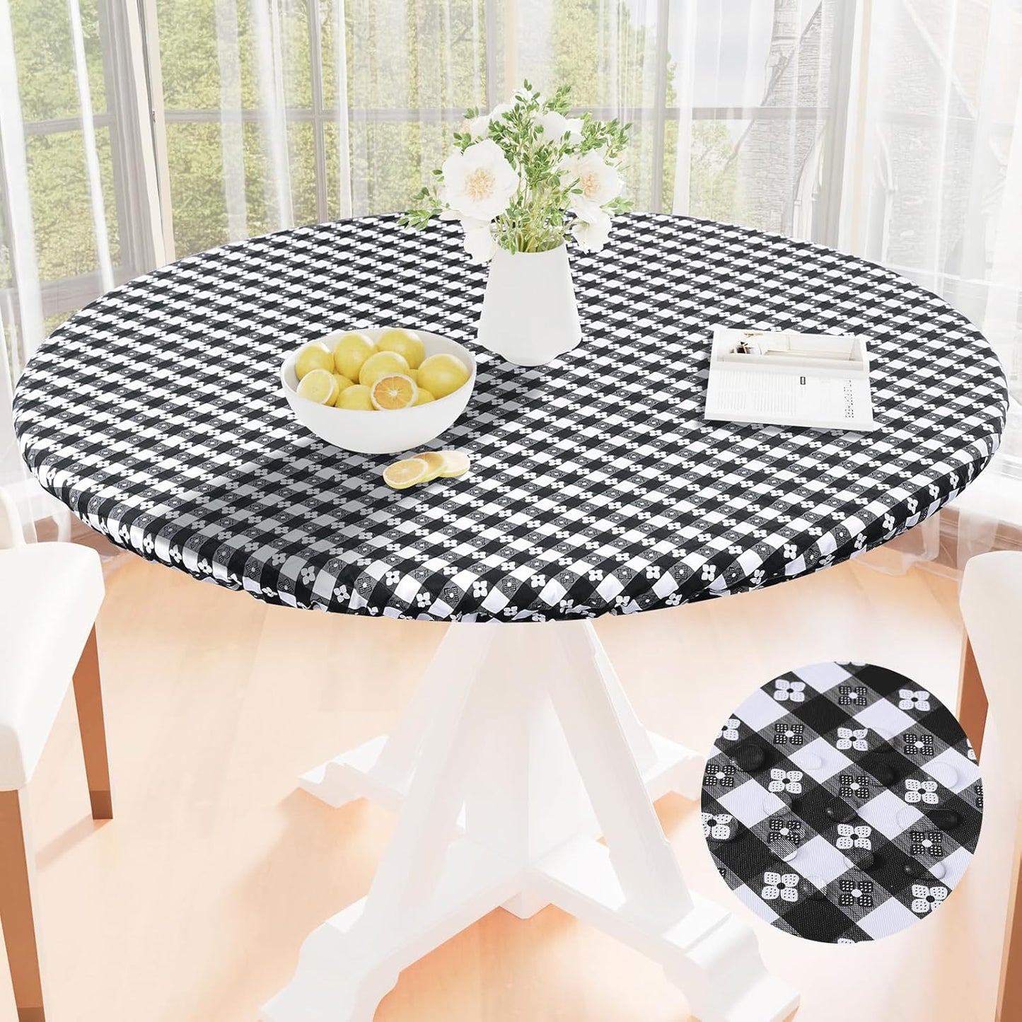 Round Vinyl Table Cloth, Waterproof Elastic Fitted Tablecloth with Flannel Backing, Plastic Table Cover for Picnic, Camping, Outdoor (Black & White, 36" - 44")