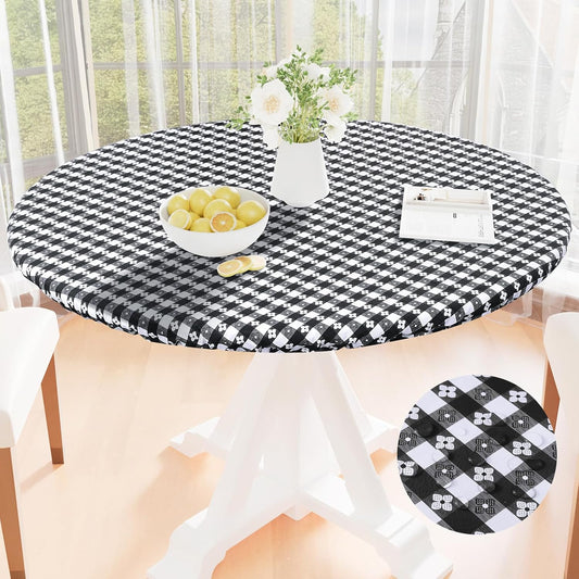 Round Vinyl Table Cloth, Waterproof Elastic Fitted Tablecloth with Flannel Backing, Plastic Table Cover for Picnic, Camping, Outdoor (Black & White, 36" - 44")