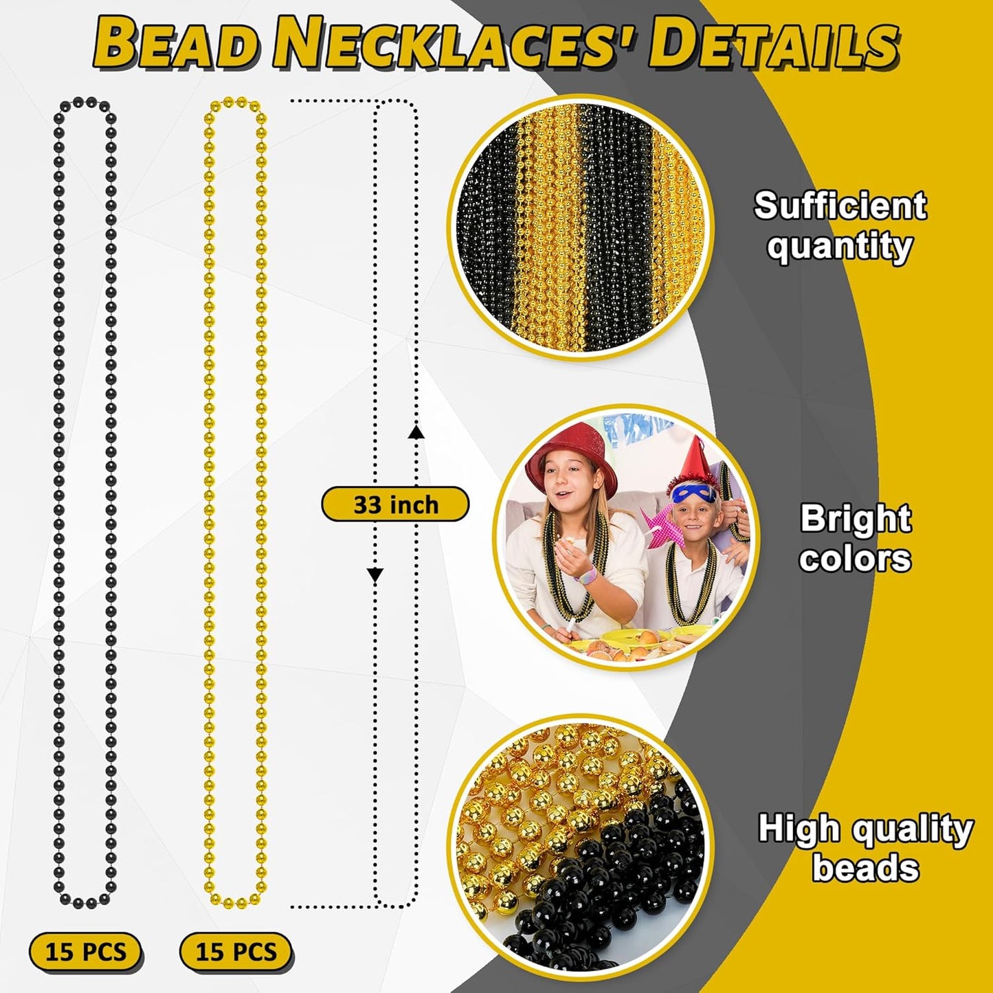 30PCS New Years Beads Necklaces, Black Gold Beaded Necklace Party Supplies, 33" New Years Eve Graduations Necklaces Decorations, Festival New Years Graduations Mardi Gras Parade Throw Accessories