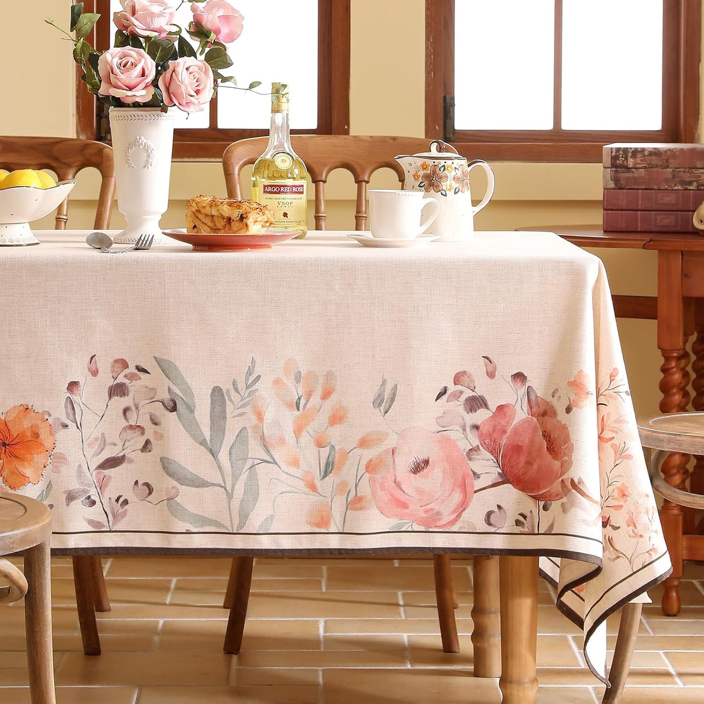 Linen Rectangle Tablecloth,French Vintage Pink Floral Pattern Wrinkle Free Table Cloth,Decorative Table Cover for Kitchen,Dining,Tea Party,Thanksgiving,Christmas,55"*79"-Sloosa
