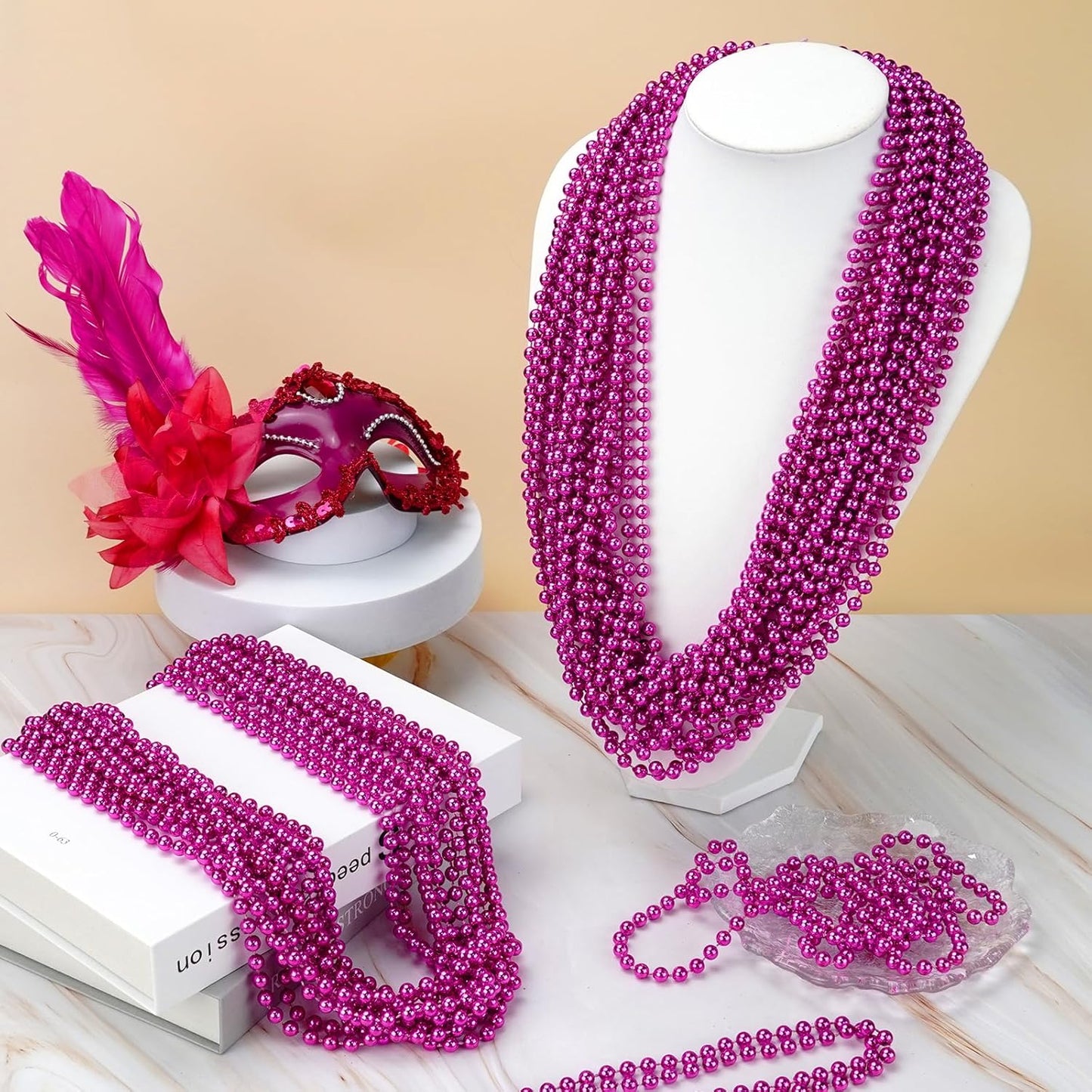 YAXINRUI 24 PCS Hot Pink Bead Necklaces, Pink Mardi Gras Beads, Cancer Awareness Beads Necklaces, Valentine Necklace, 33 Inch Round Party for Mardi Gras Christmas Cancer Awareness Month Events