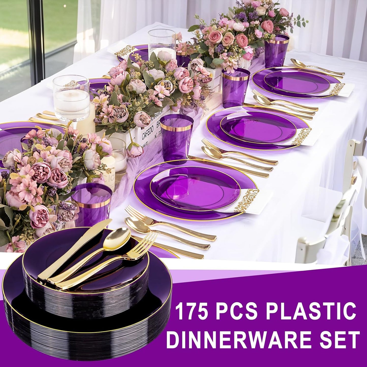 YOUBET 175PCS Purple Plastic Plates - Purple and Gold Disposable Plates Include 50 Plate, 75 Silverware, 25 Cups, 25 Napkins for Wedding & Party