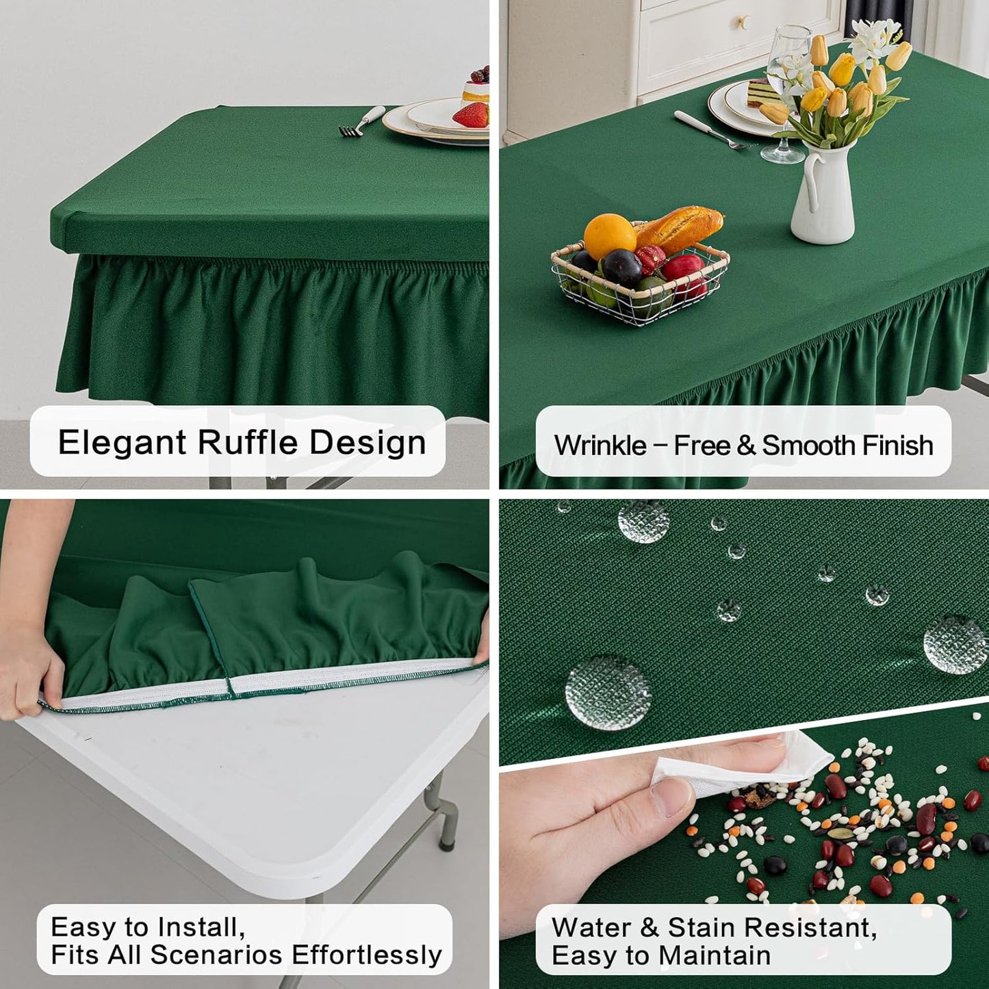 8ft Dark Green Stretch Tablecloth for Rectangular Tables - Flared Wrap Design, Waterproof, Wrinkle-Resistant, Washable - Ideal for Weddings, Parties, Banquets & Table Protection