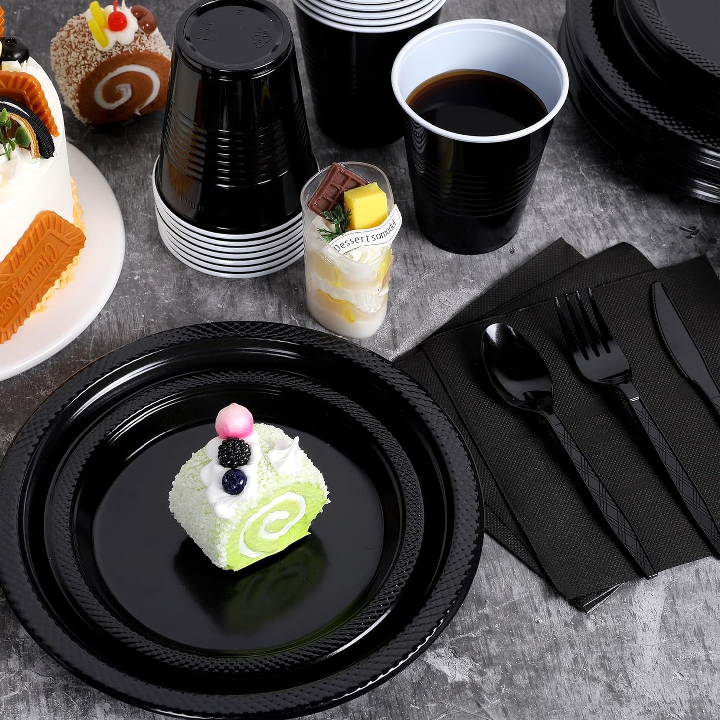 Aodaer 400 Pieces Black Party Supplies Disposable Dinnerware Set Include Plastic Plates Cups Knives Forks Spoons Paper Napkins for Birthday Wedding Graduation Parties, Serve 50 Guests