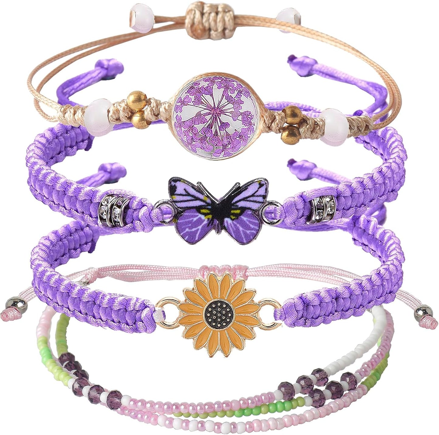 DS 4PCS String beads Charm Bracelets for Teen Girls Dainty cute cartoon Butterfly Daisy Eternal flower Beads Bracelets set for woman and girls Adjustable Stretch bracelet birthday Gift For Friends