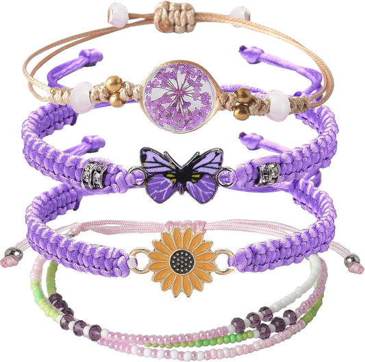 DS 4PCS String beads Charm Bracelets for Teen Girls Dainty cute cartoon Butterfly Daisy Eternal flower Beads Bracelets set for woman and girls Adjustable Stretch bracelet birthday Gift For Friends