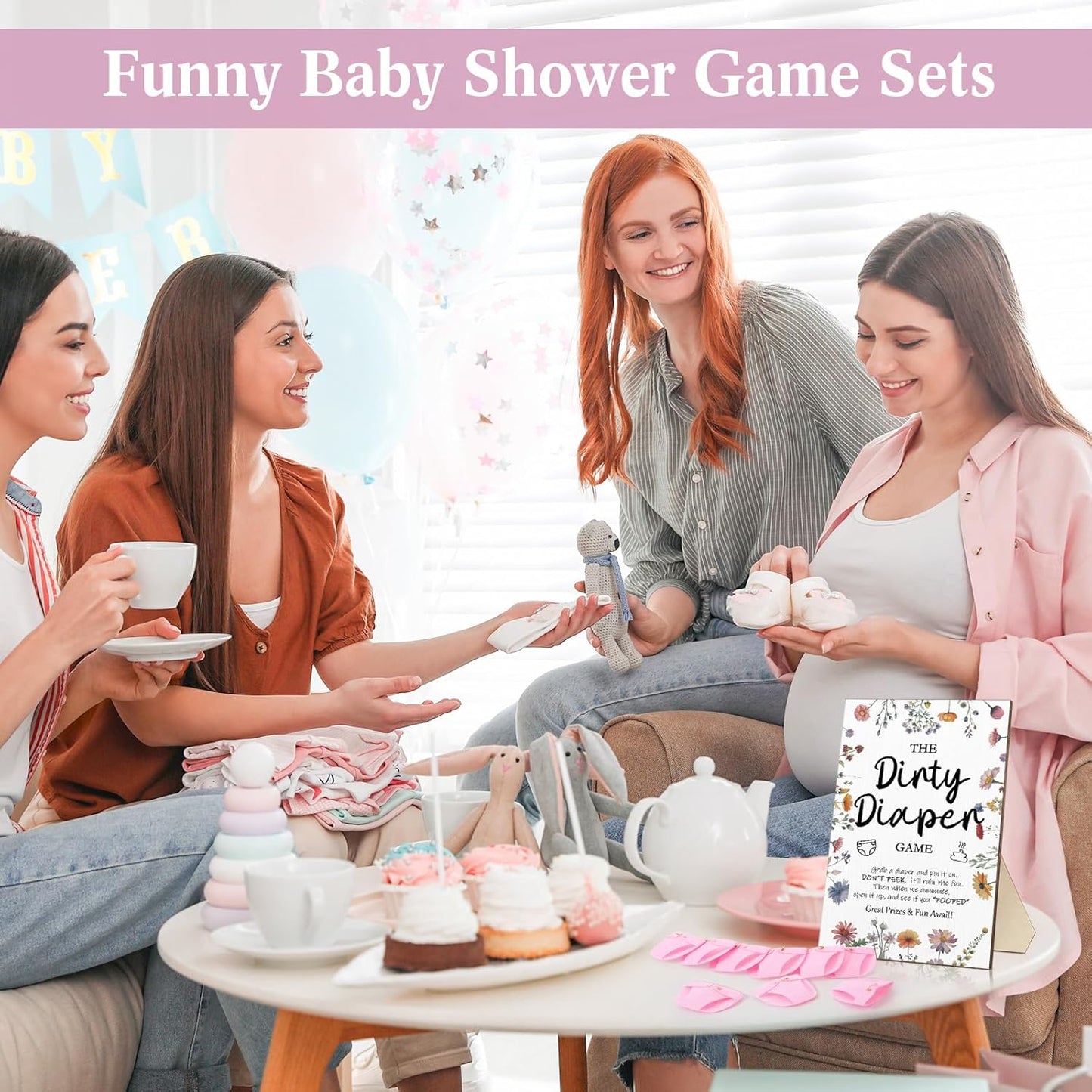 Roowest 51 Pcs Dirty Diaper Baby Shower Games Funny Wooden Sign with 50 Pcs Mini Diapers Cute Felt for Gender Reveal Party Baby Shower (Wildflowers)