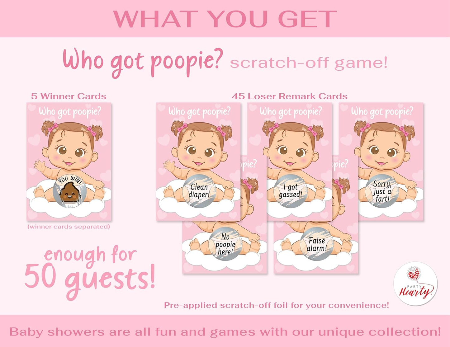 Fun Baby Shower Games for Girls - Poopie Emoji Scratch-Off Lottery Tickets - 50 Cards Hilarious and Engaging Baby Shower Activity