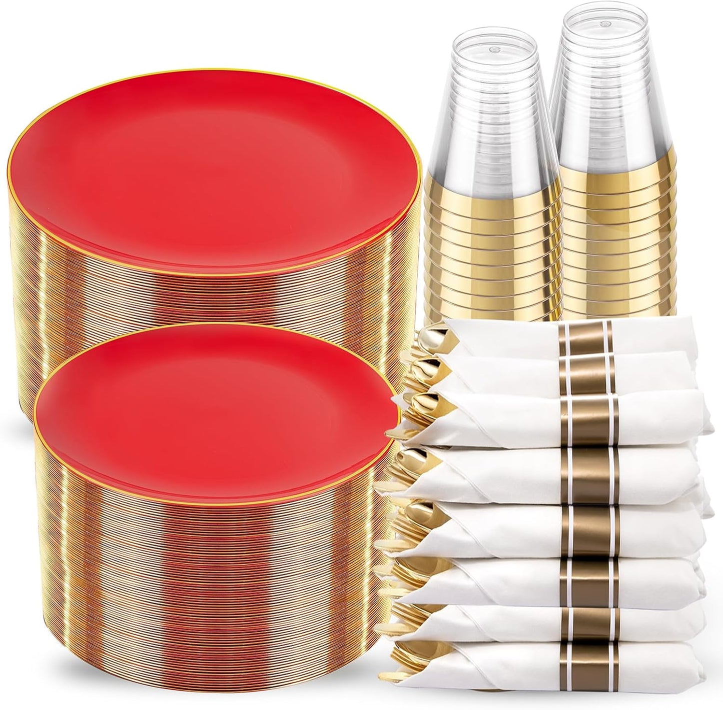 KIRE 350PCS Red Plastic Plates - Heavy Duty Red Plates Disposable - 50Guest Christmas Dinnerware Include 50Dinner Plate,50Dessert Plate,50Pre Rolled Napkins with Silverware for Christmas&Party