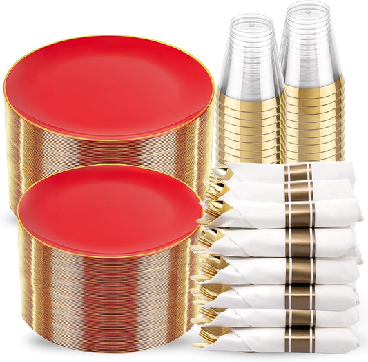 KIRE 350PCS Red Plastic Plates - Heavy Duty Red Plates Disposable - 50Guest Christmas Dinnerware Include 50Dinner Plate,50Dessert Plate,50Pre Rolled Napkins with Silverware for Christmas&Party