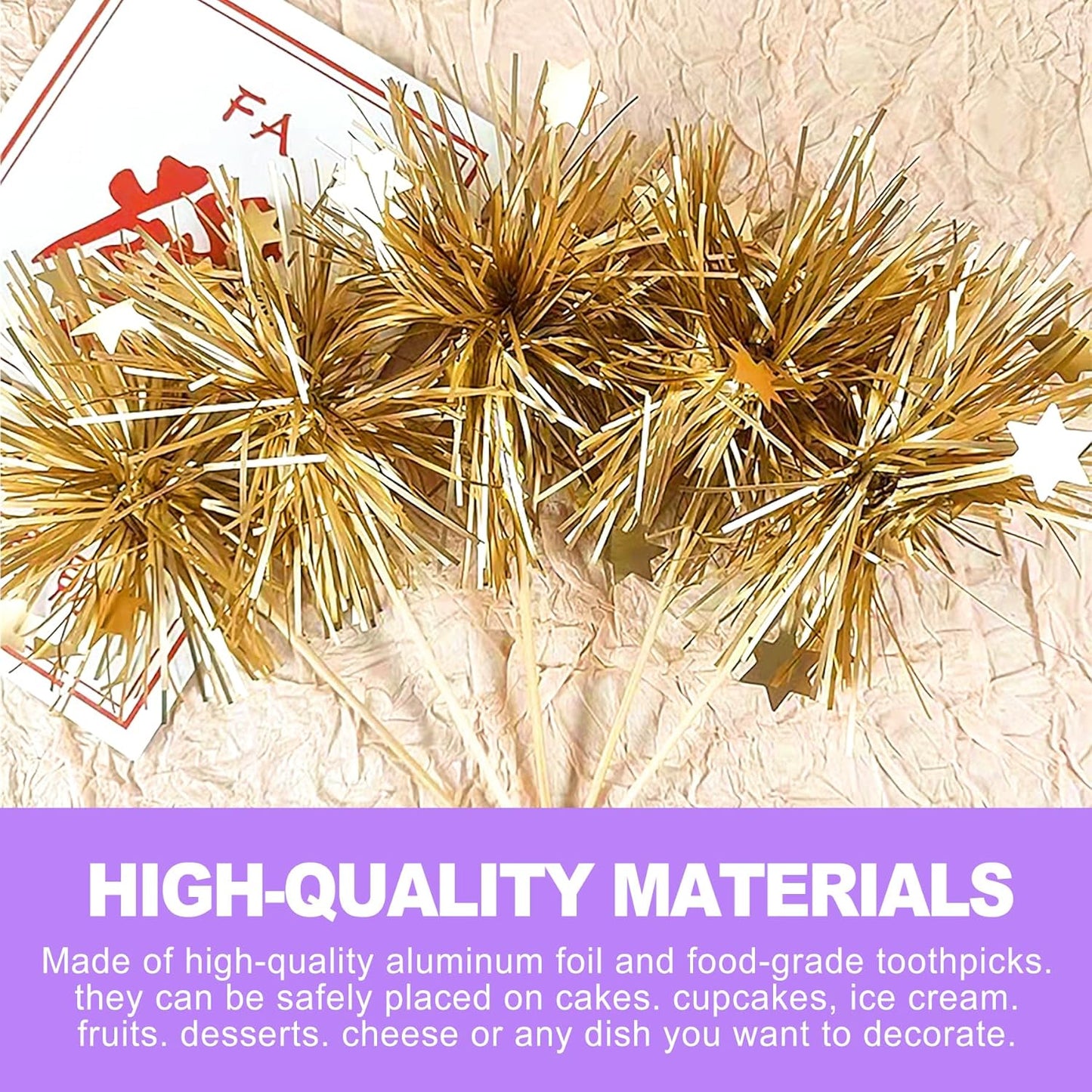 30 Pack Gold Firework Cake Toppers for Cupcakes and Desserts Sparkly Tinsel Cocktail Sticks for Celebration Anniversary Party Décor