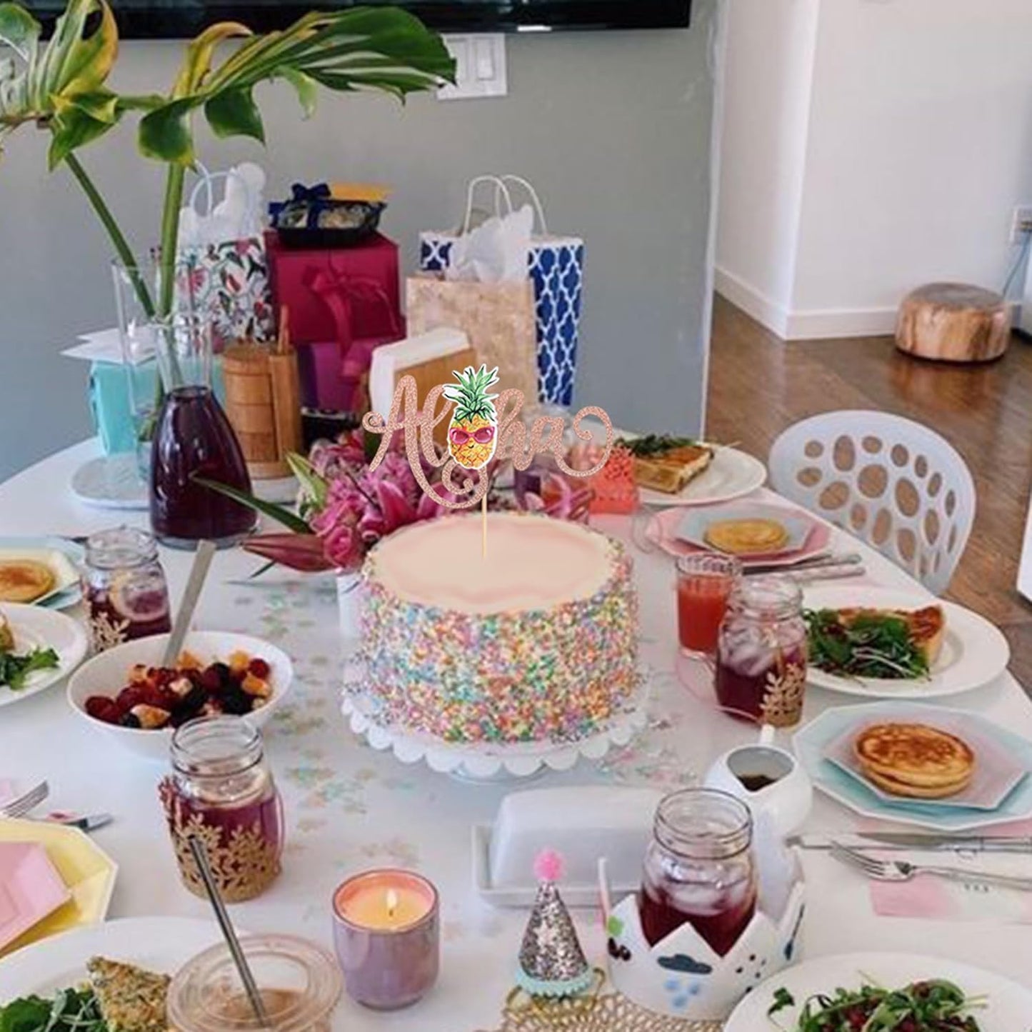 1 Pack Aloha Cake Topper Glitter Pineapple Summer Hawaiian Cake Pick Tropical Fruit Cake Decorations for Summer Baby Shower Aloha Hawaiian Theme Birthday Party Supplies Rosegold