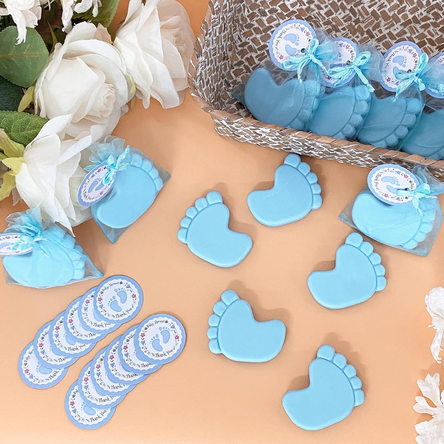 50 Sets Baby Shower Favors Refreshing Feet Soap Perfect for Guests Gifts with Organza Bags Thanks Cards Birthday Party Decoration Game Prizes（blue）