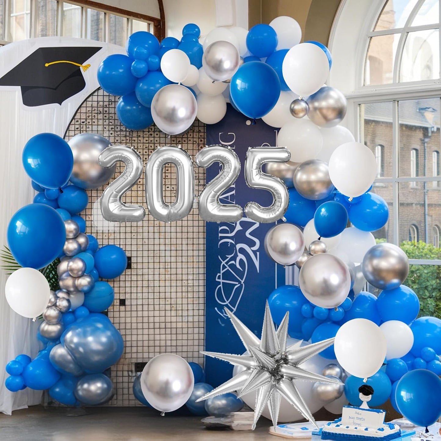 Blue Silver White Balloons Arch Kit with Explosion Star 4D Silver Foil Balloon Royal Blue White Metallic Balloons Garland for Blue 2025 Graduation Decoration Birthday Baby Shower Party