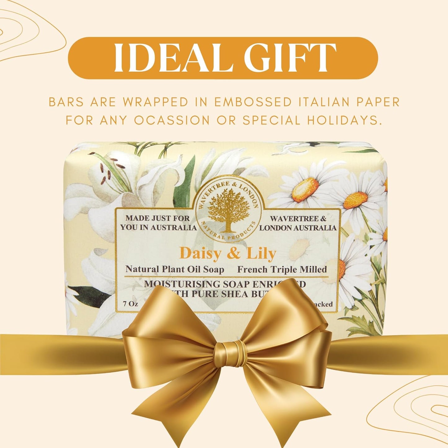 Wavertree & London Daisy & Lily Scented Natural Soap (2 Bars), 7oz Moisturizing French Triple Milled Soap Bars enriched with shea butter - Pure Plant Based Bath & Body Bars for All Skin Types