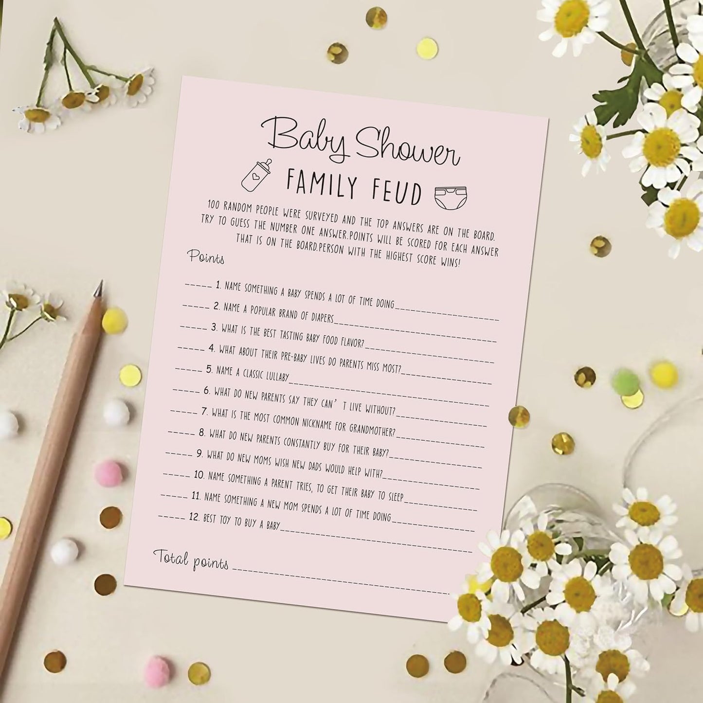 Baby Shower Family Feud Game - Pack of 30 Game Cards 1 Answer Key, Baby Shower Game for Boy & Girl, Gender Neutral Baby Shower Decorations, Baby Feud Game Supplies-01A-Indipink