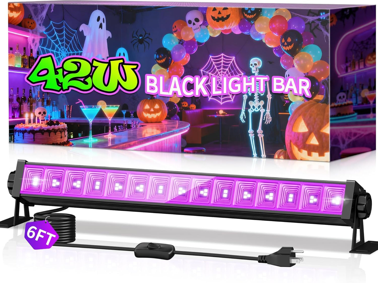42W LED Black Light Bar, IP66 Waterproof Blacklight Bar with 6ft Cord+Plug+Switch, Black Lights for Glow Party, Fluorescent Poster, Body Paint, Birthday, Halloween, Bedroom, Classroom