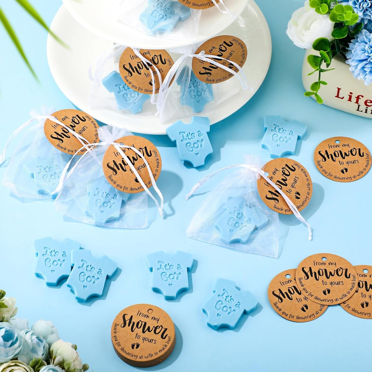 25 Sets Baby Shower Soap Favors for Guests - Boy Girl Mini Handmade Soaps with Thank You Tags and Organza Bags for Shower Gender Reveal Party Favors(Blue,Baby Shirt)