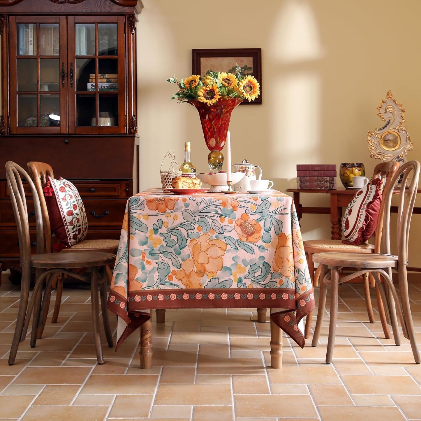 Vintage Linen Small Rectangle Tablecloth,Italian Orange Floral Soft and Wrinkle Resistan Table Cloth,Decor Table Cover for Kitchen,Dining,Thanksgiving,Christmas,55"*71"-Positano