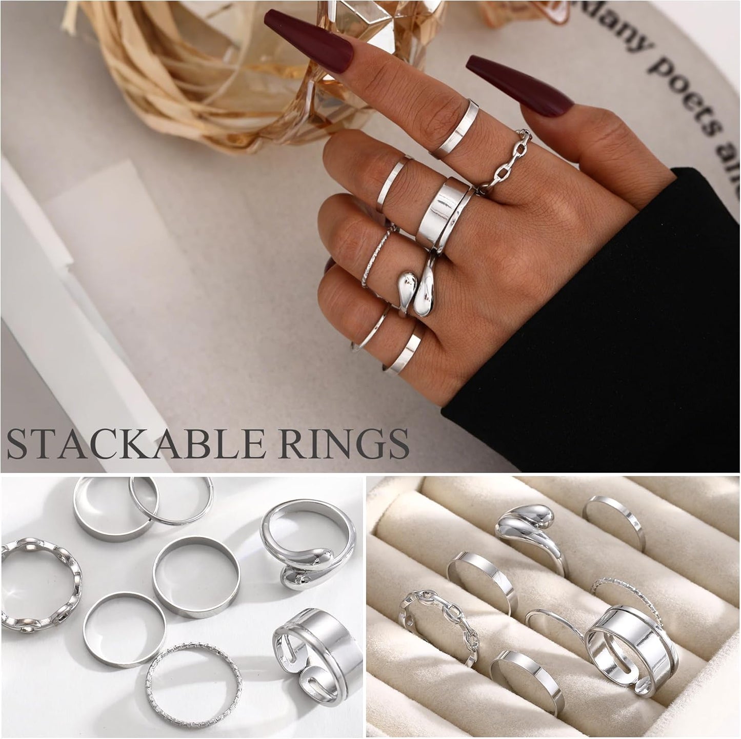 YEEZII Gold Jewelry Set for Women with 5Pcs Layered Necklace, 5Pcs Layered Necklace, 12 Bracelets, 4 Hoop Earrings, 8 Stackable Rings, 10 hairpins, 12 Studs Earrings Jewerly set for Women