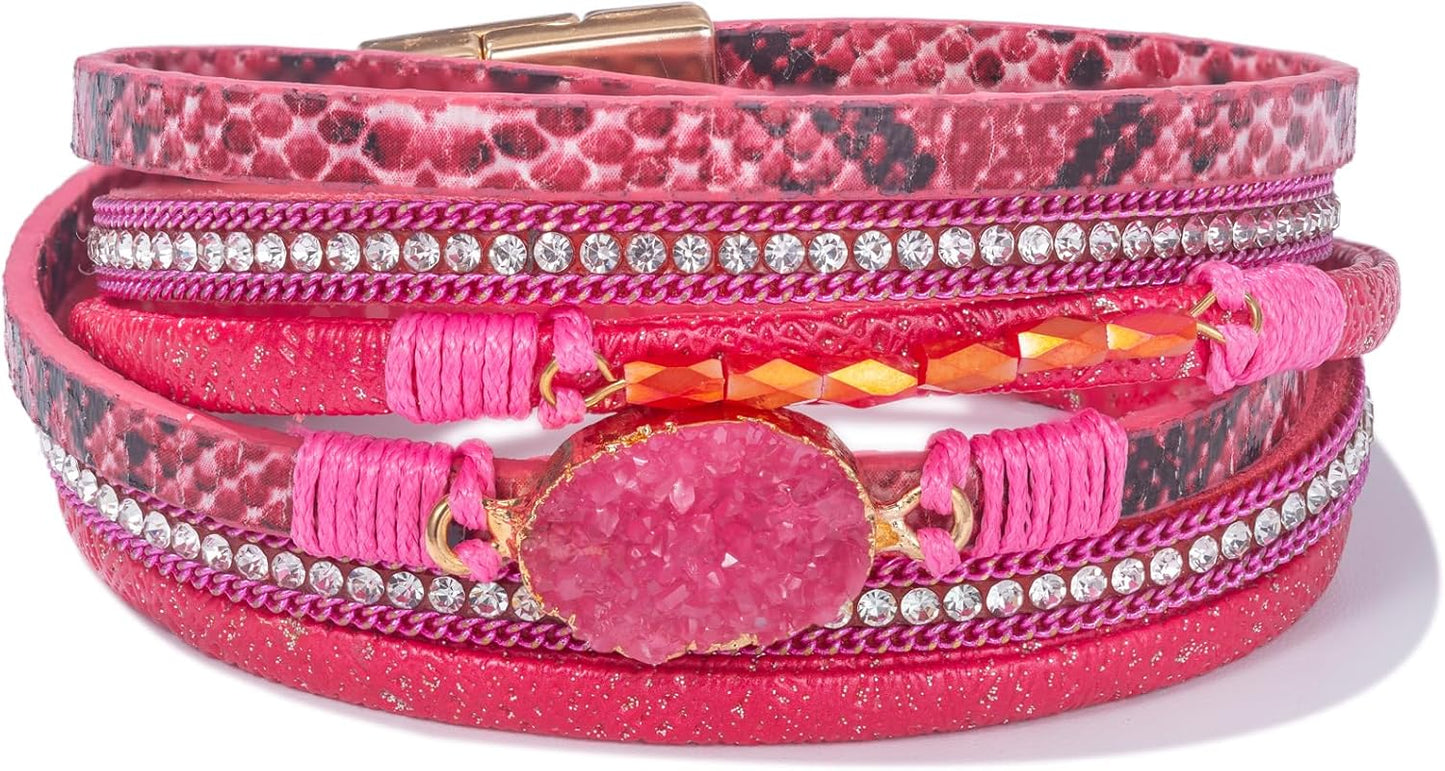 FANCY SHINY Leather Wrap Bracelet Boho Cuff Bangle Bracelets Crystal Bead Bracelet with Magnetic Clasp Jewelry Gifts for Women