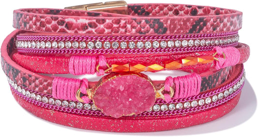 FANCY SHINY Leather Wrap Bracelet Boho Cuff Bangle Bracelets Crystal Bead Bracelet with Magnetic Clasp Jewelry Gifts for Women