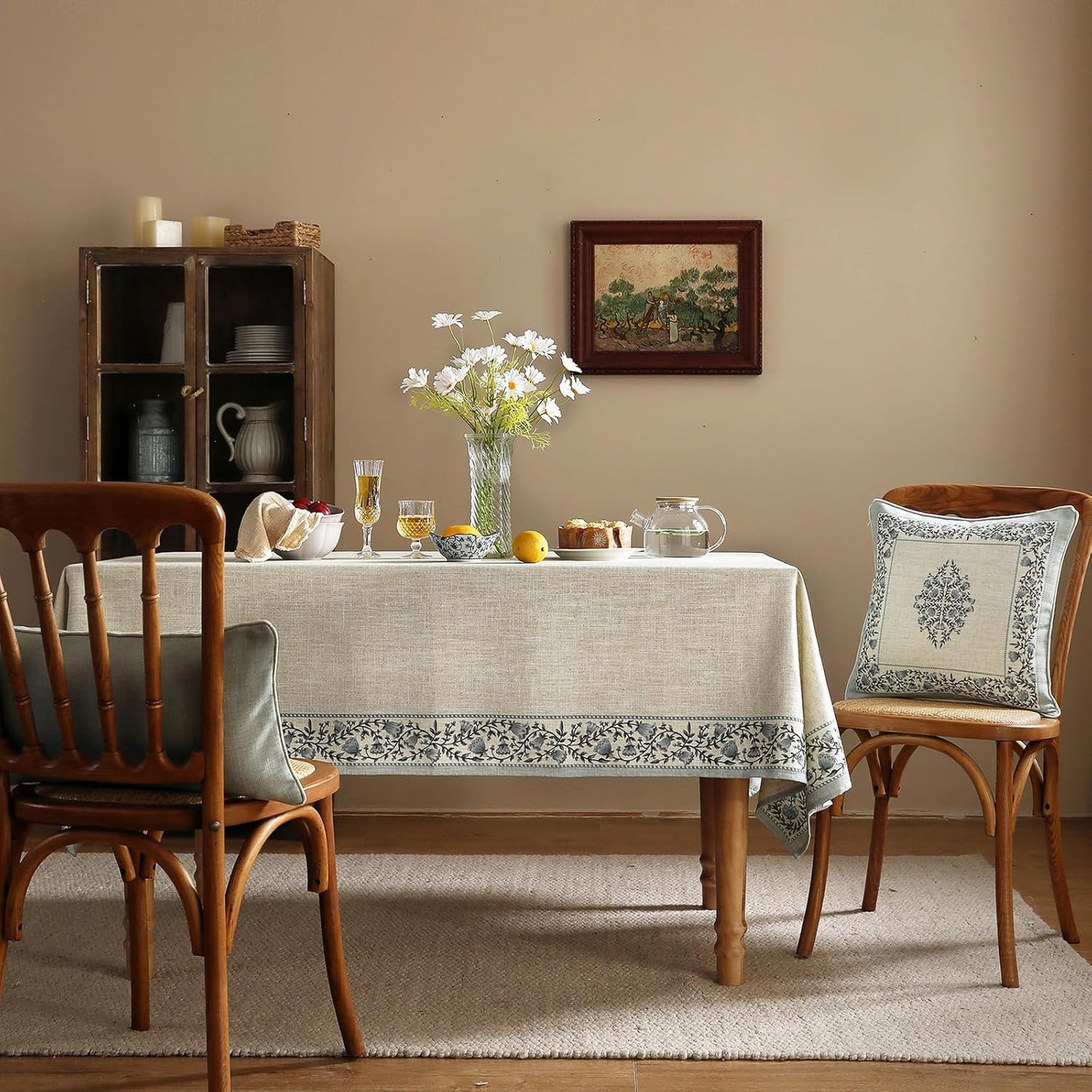 ISAENNE Designer Vintage Linen Elegant Small Square Tablecloth,Chinoiserie Floral Indoor Table Cloth,Wrinkle Resistant Decor Table Cover for Dining Thanksgiving Kitchen,55"*55"-Segerman B