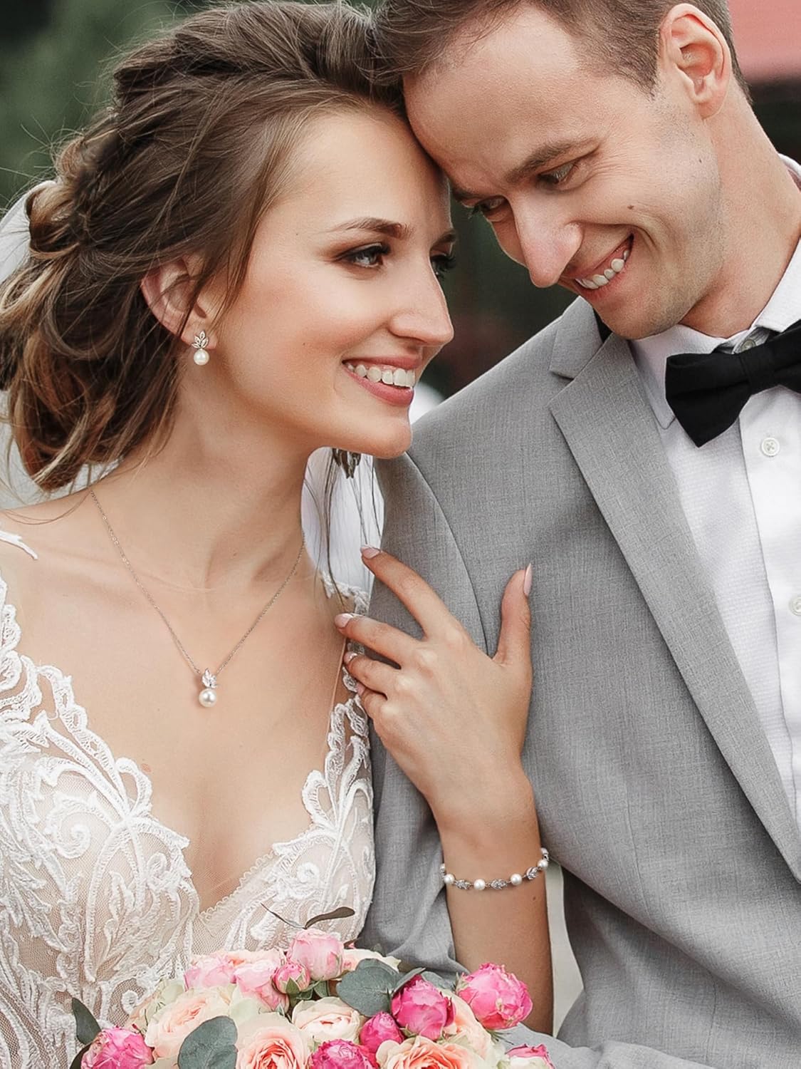 SWEETV Jewelry Set for Bride Women, Cubic Zirconia Pearl Bridal Earrings Necklace Bracelet Set, Bridal Jewelry Set for Wedding Prom