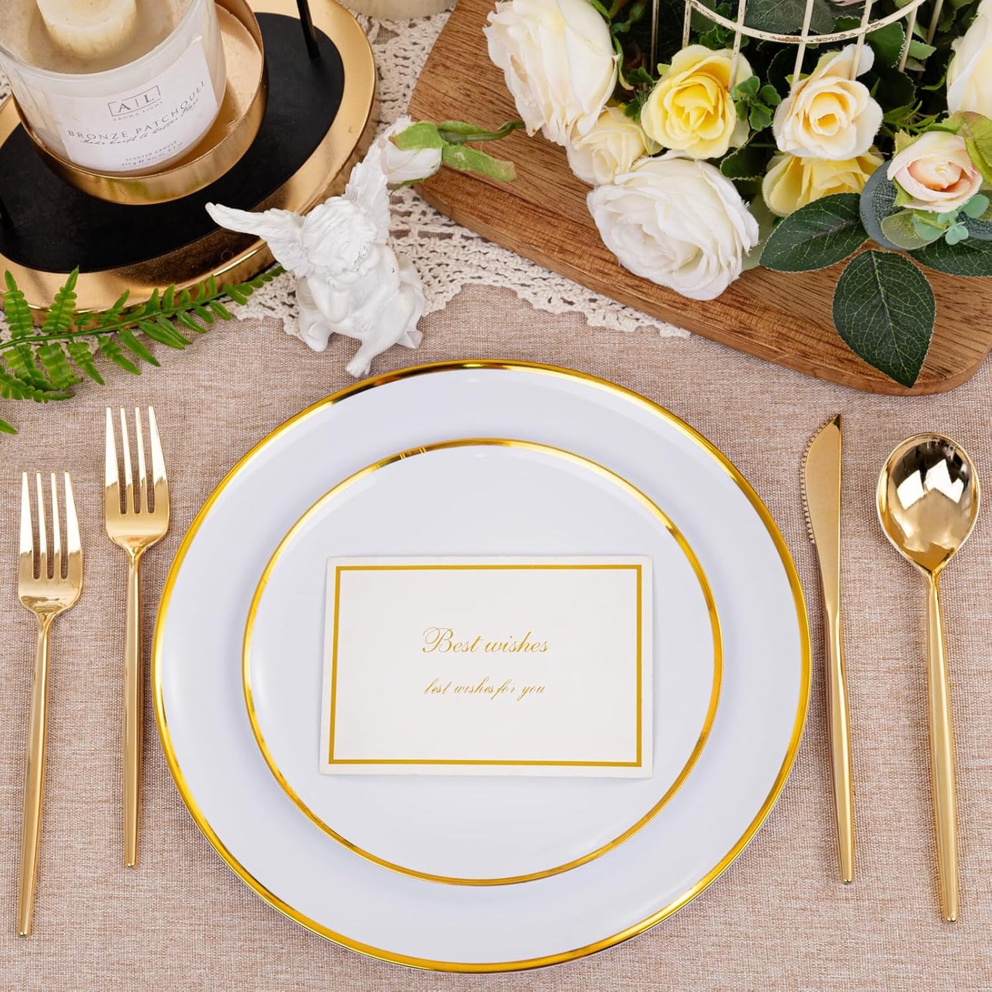 LIYH 60 Pcs Gold Plastic Plates Disposable Heavyduty - White Plastic Plates for Party/Weddings Include 30 White Gold Rim Dinner Plate 10.25" & 30 Dessert Plate 7.5 "