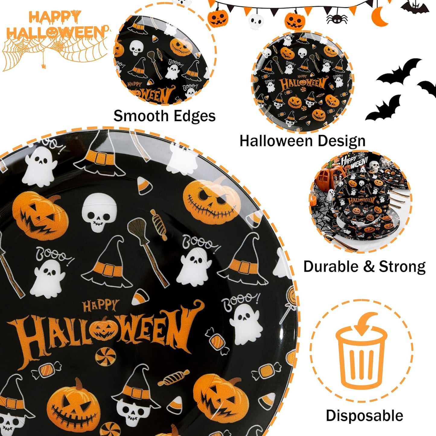 I00000 60 Pcs Halloween Plastic Plates Serve 30 Guests Include: 30 Dinner Party Plate, 30 Dessert Plastic Plate Disposable, Halloween Disposable Plates Perfect for Ghost-Themed Parties and Events