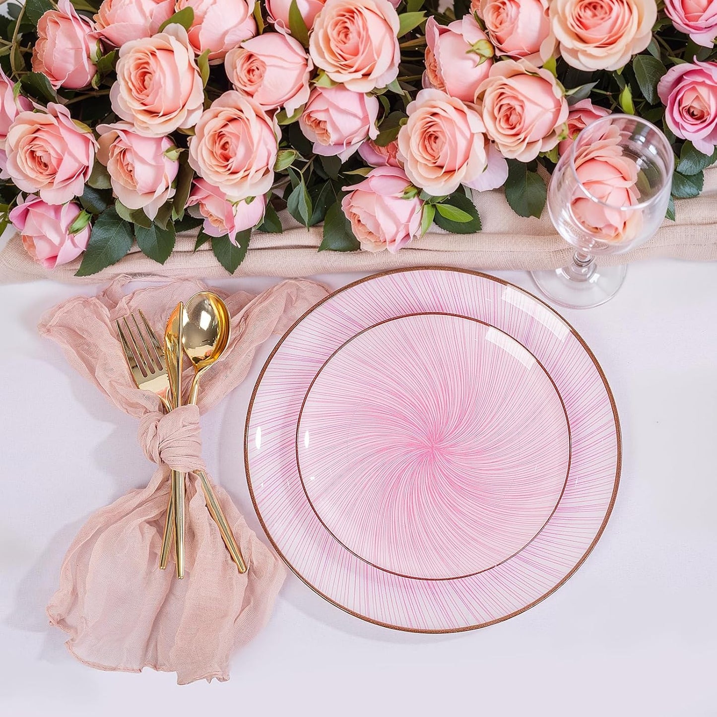 LIYH 60 Pcs Pink Plastic Combo Plates Set - Heavy Duty Pink Scalloped Plastic Disposable Plates for Party - 10.25" Dinner & 7.5" Dessert Plate 30 Guests