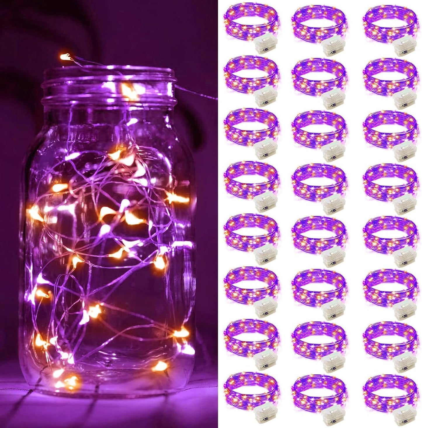 ZGWJ 24 Pack Halloween Fairy Lights Battery Operated, 7ft 20 Mini LED Halloween Fairy String Lights Silver Wire 3 Modes Waterproof for DIY, Parties, Bedroom Decorations Orange& Purple