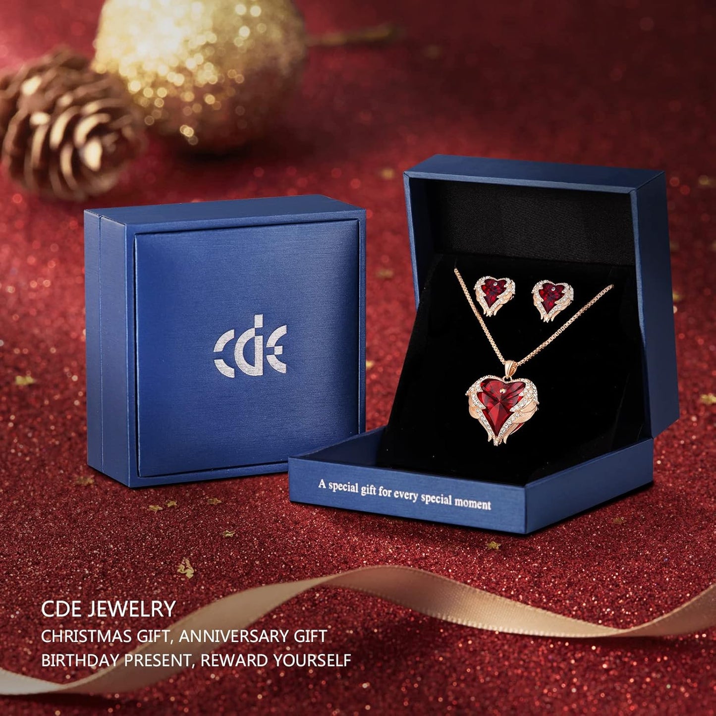 CDE Mothers Day Jewelry Set for Women, Angle Wing Heart Pendant Necklaces and Earrings with Birthstone， Birthday/Anniversary Christmas Jewelry Gift for Women Wife Her