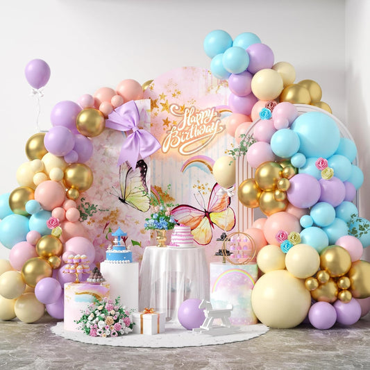 Pastel Balloon Arch, Rainbow Balloon Arch Kit with 18/12/5 inch Macaron Pink Yellow Purple Orange Teal Blue Gold Latex Balloon for Birthday Baby Shower Wedding Pastel Party Decorations