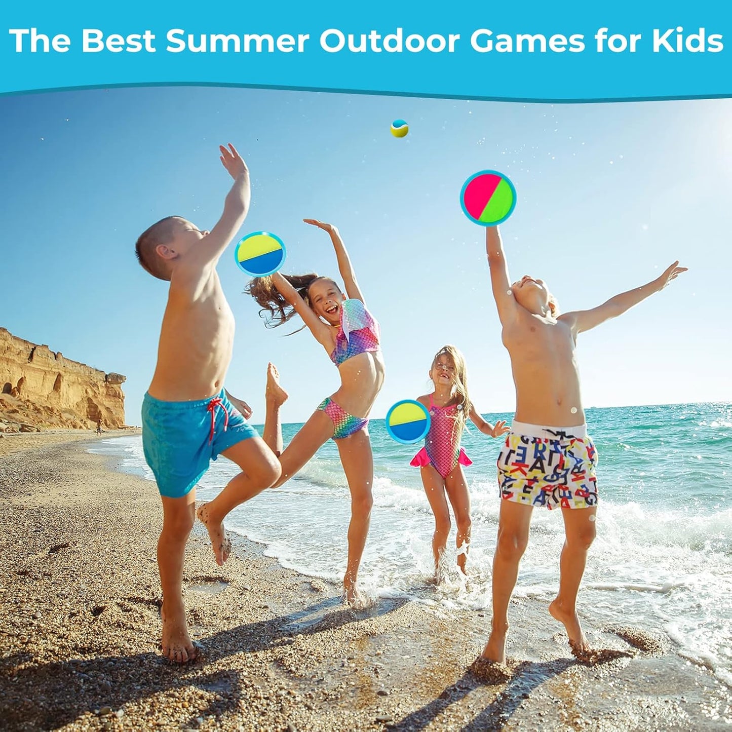 Beach Toys - Outdoor Games, Sand Toys, Toss and Ball Set with 6 Paddles and 3 Balls, Perfect Yard Games Outdoor Toys Games for Kids Ages 4-8 Easter Gifts for Kids/Adults/Family