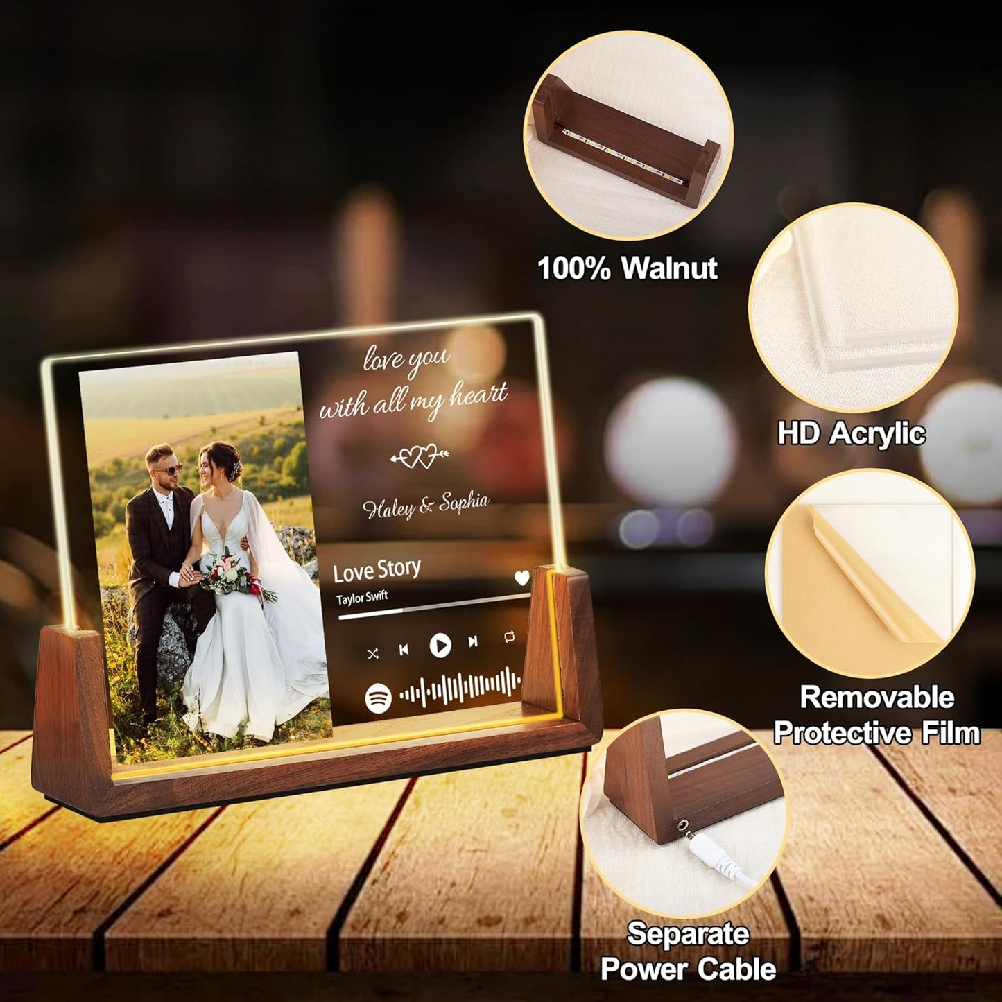 Personalized Valentine's Day Couple Gifts For Him Her, Custom Acrylic Spotify Plaque Christmas Gifts For Boyfriend Girlfriend,Custom LED Picture Frame For Women Men Anniversary Birthday Wedding Gift