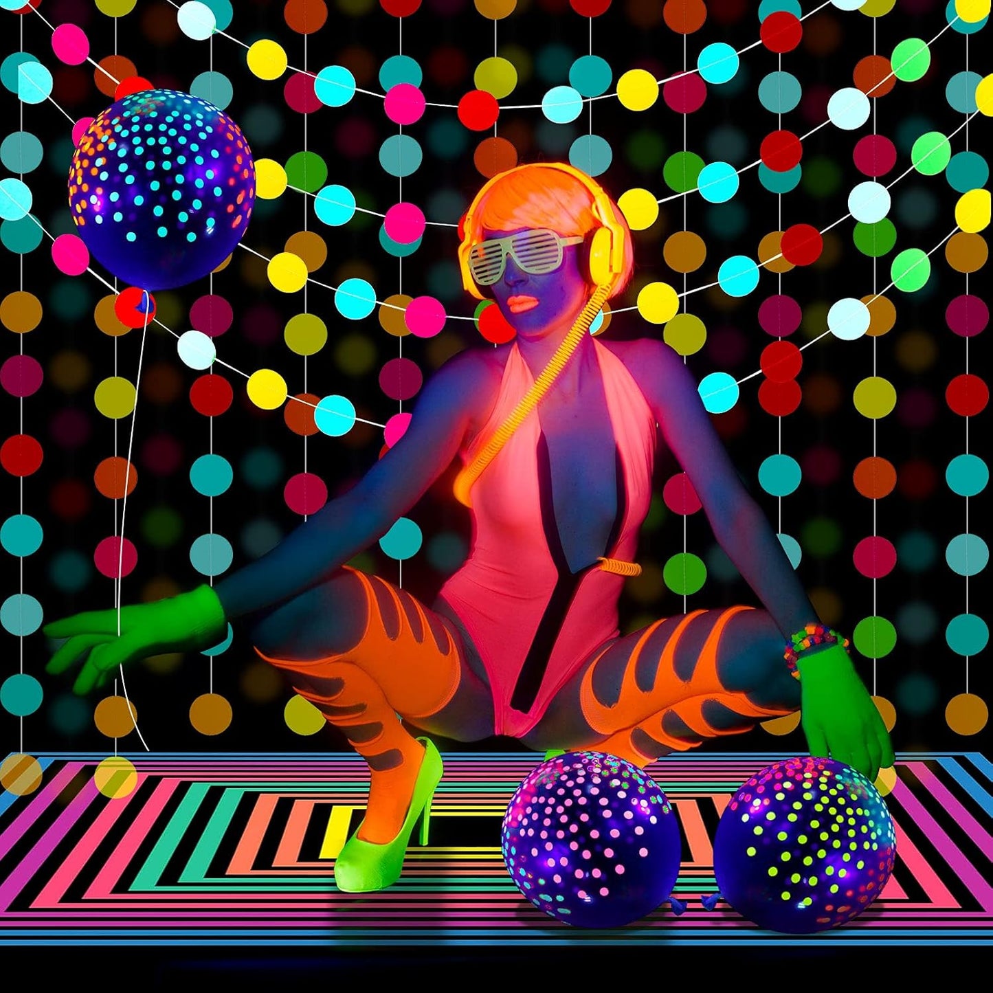 32 Pcs Glow in The Dark Party Supplies Halloween Neon Party Favors with 25 Fluorescent Balloon 6 Rolls 98.4 ft UV Blacklight Luminous Tape 14.4 ft Neon Streamer Garland for Adults(Clear Dot)