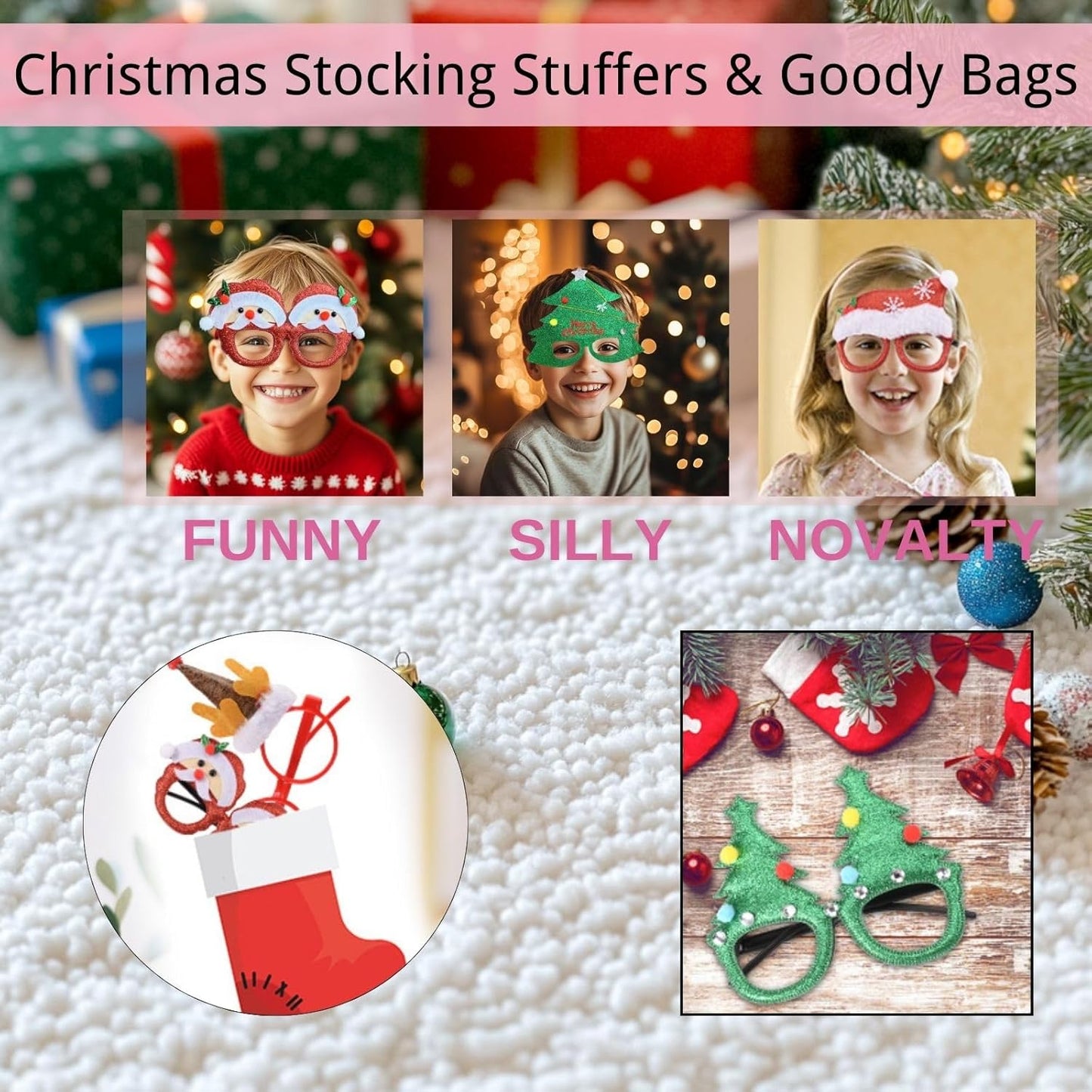 SEVEN STYLE 16 PCS Christmas Holiday Glasses for Kids & Adults,Cute Christmas Glasses Frames,Fun Christmas Party Favors Festive Decorations & Trinkets, Perfect for Goodie Bag Stuffers ，Photos booth