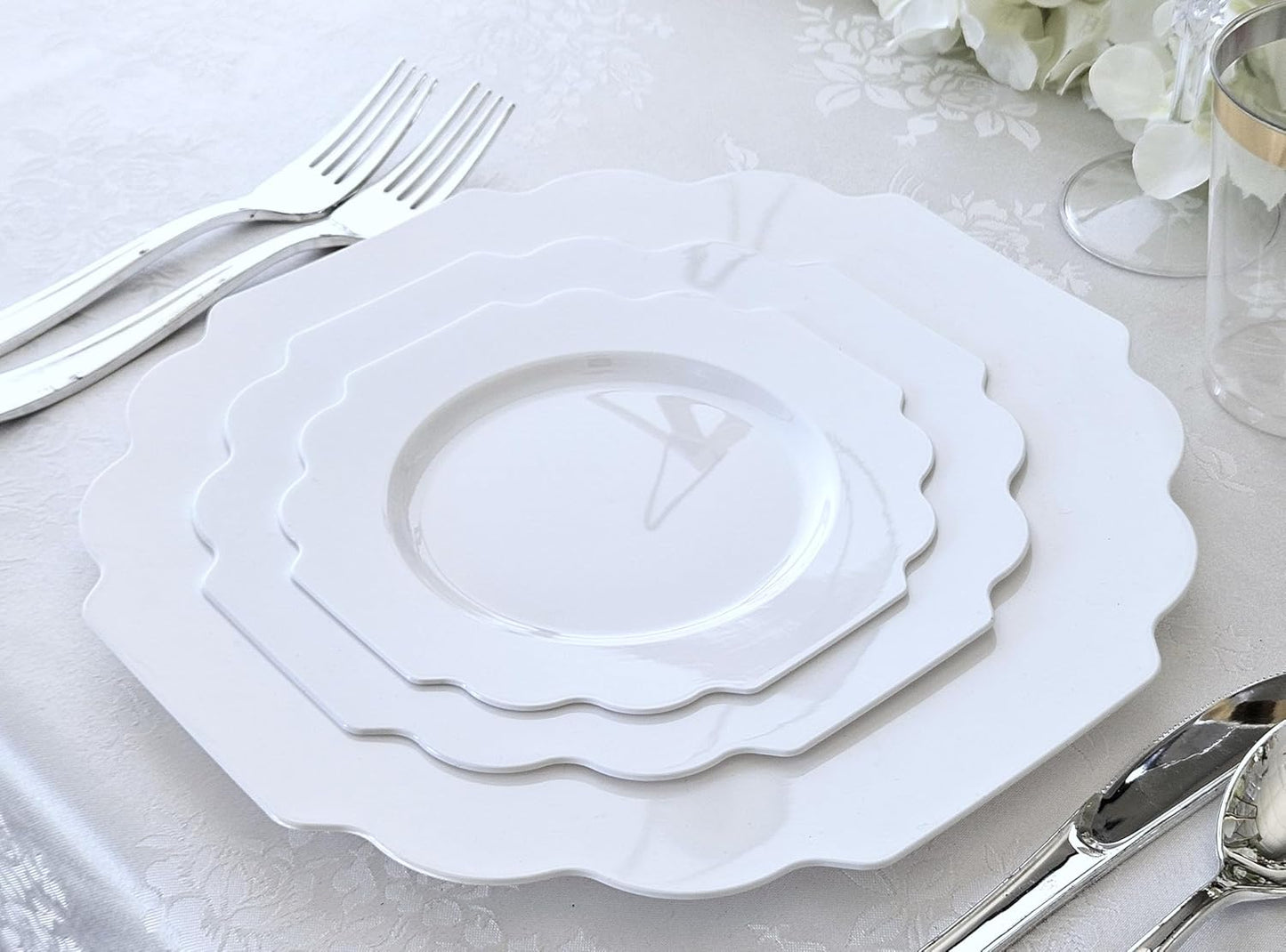 " OCCASIONS " 50 Plates Pack (25 Guests)-Heavyweight Wedding Party Disposable Plastic Plate Set -(25x10.5'' Dinner + 25x8'' Salad/Dessert) (Imperial in White)