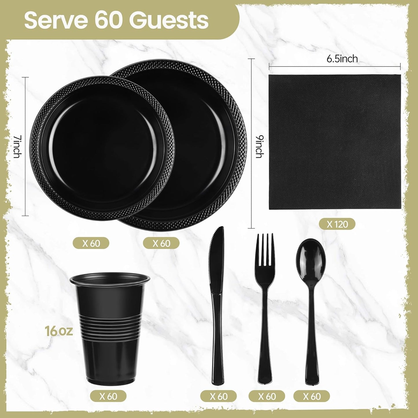 480 Pieces Black Plastic Dinnerware Set for 60 Guests Disposable Party Plates Napkins Cups and Silverware Dessert Dinner Plates for Halloween Birthday Wedding Party Supplies