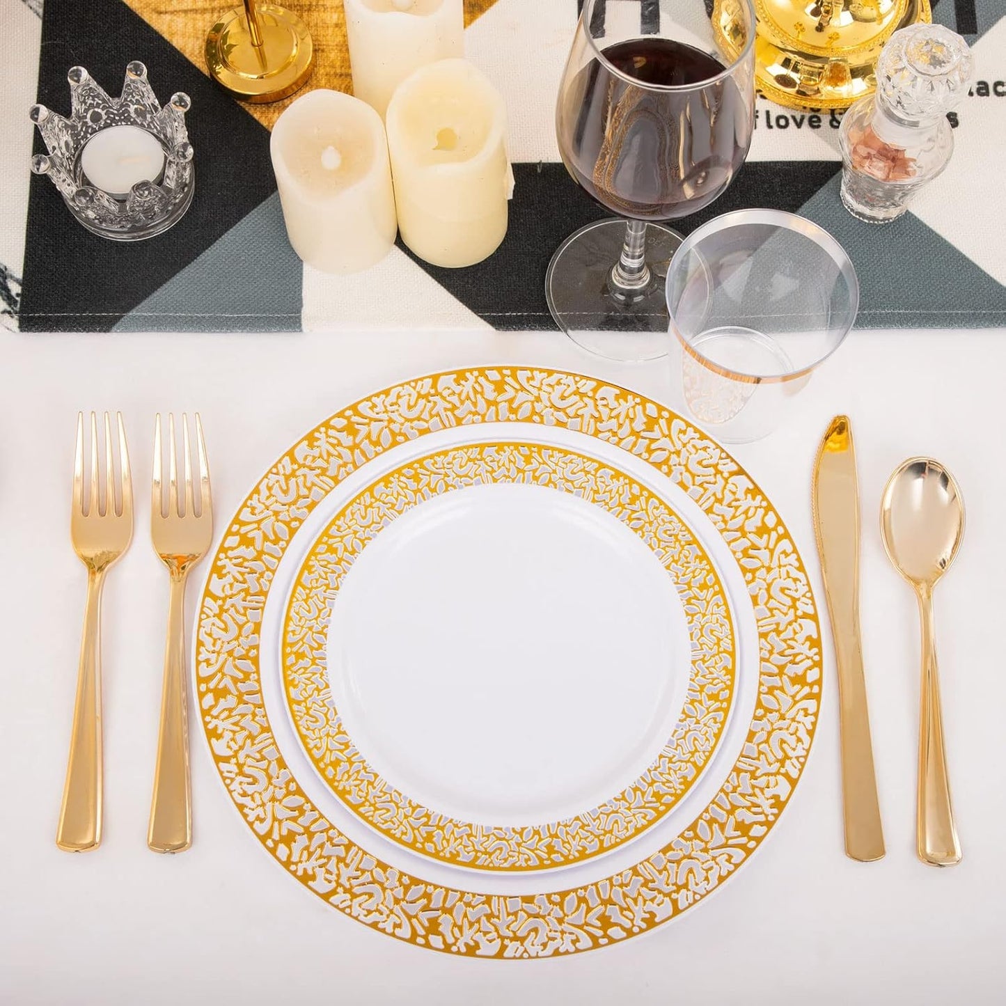 WELLIFE 175 PCS Gold Plastic Plates, Gold Rim Plastic Dinnerware Set, Includes: 25 Dinner plates, 25 Salad Plates, 25 Tumblers 9oz, 50 Forks, 25 Knives and 25 Spoons for Party