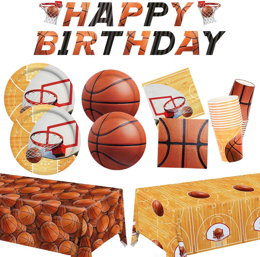 Gatherfun Basketball Party Supplies Kit for 24 - Basketball Party Decorations with Dinner & Dessert Plates, Napkins, Cups, Banner & Tablecloth - for Basketball Birthday & Sports Party Decorations