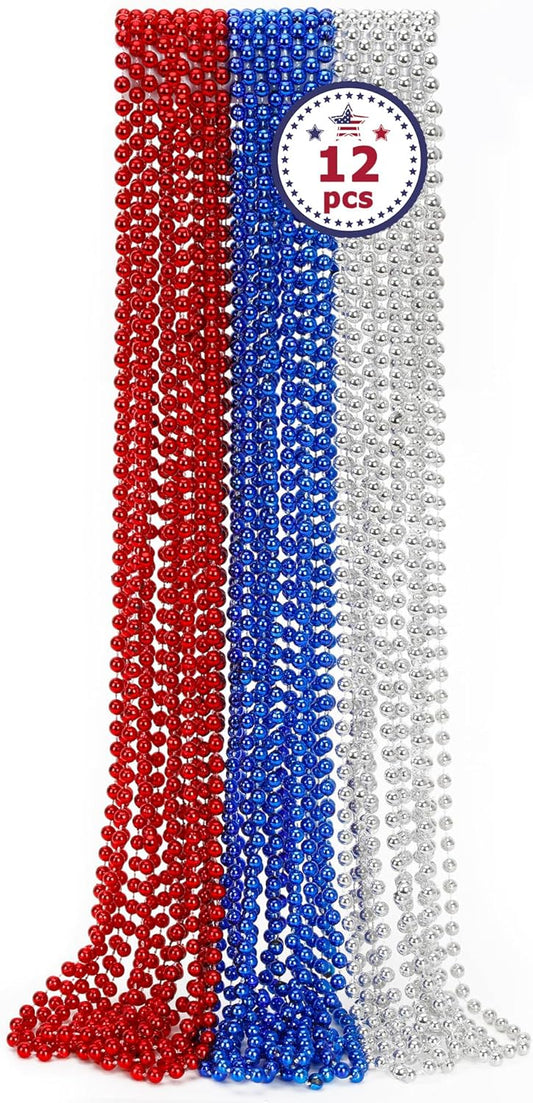 4th of July Party Favors, 12PCS Veterans Day Necklaces Bulk, Fourth of July Red Blue Silver Beads Necklace, Veterans Day Patriotic Beads Bulk for Parade Party Celebration Favors Decorations
