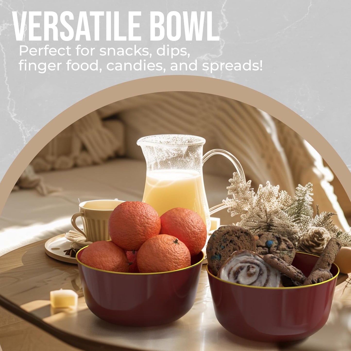 Trendables Plastic Bowls Disposable Set of 10 - 24 Oz Burgundy Gold Rimmed Fancy Serving Bowls