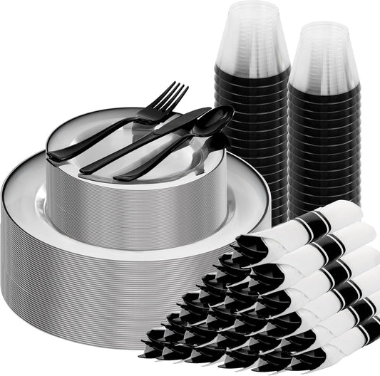 SUT 175 Pcs Black and Clear Plastic Dinnerware Set for 25 Guests, Include: 25 Dinner Plates, 25 Dessert Plates, 25 Pre Rolled Napkins With Silverware, 25 Cups, Disposable Plates for Party