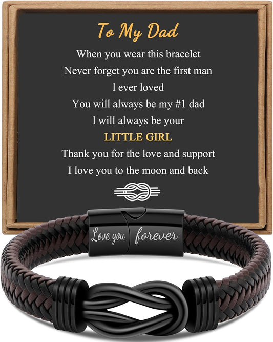 Gift for Men Infinity Bracelet for Men Dad Husband Boyfriend Son Grandson Brother Nephew Uncle Brown Braided Leather Forever Linked Together Stainless Steel Engraved with Love You Forever Jewelry 7.5|8.5|9 Inches