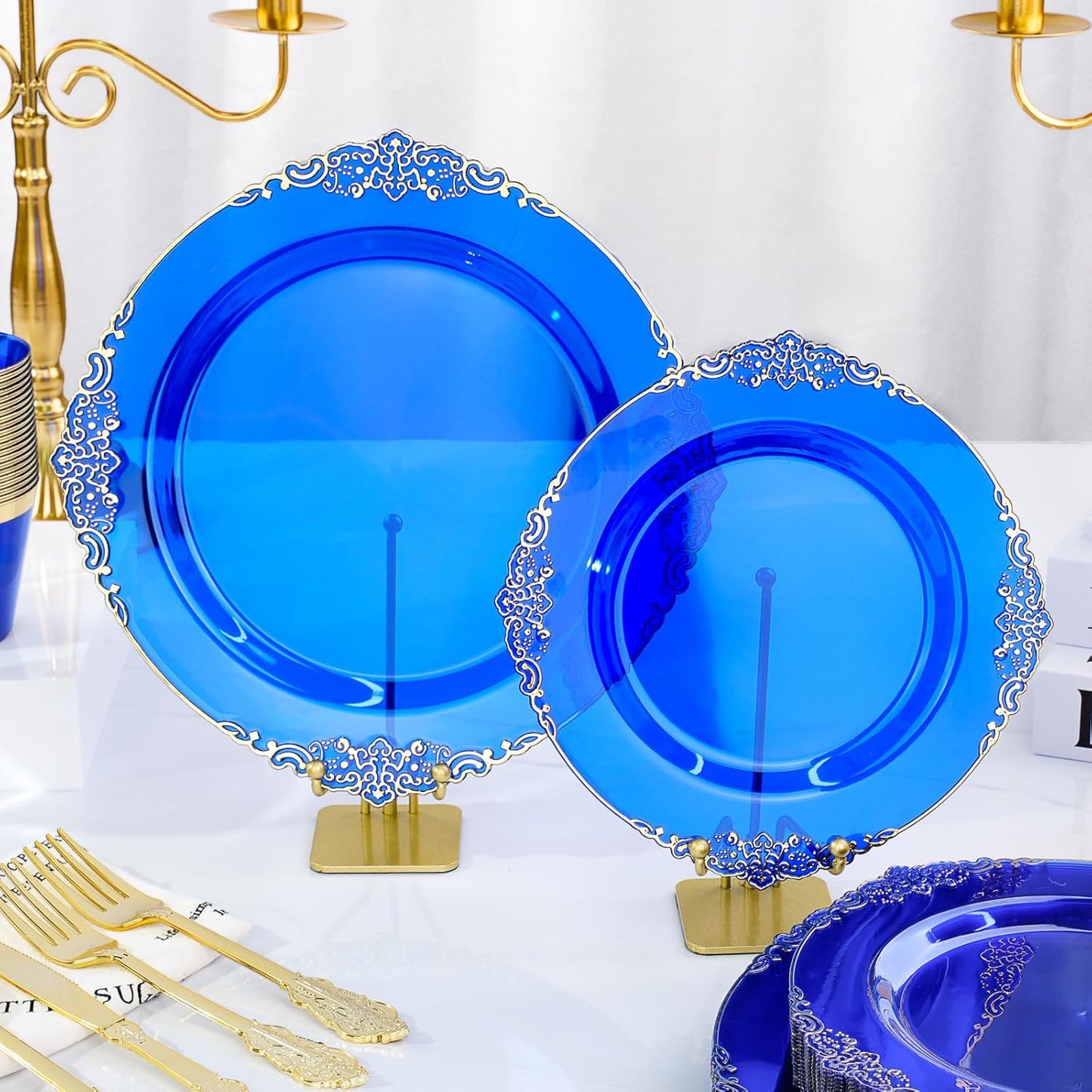 350 PCS Blue and Gold Plastic Plates, Disposable Dinnerware Set for 50 Guests, 100 Disposable Plates, 150 Silverwares, 50 Cups, 50 Napkins for Wedding, Party, Graduation