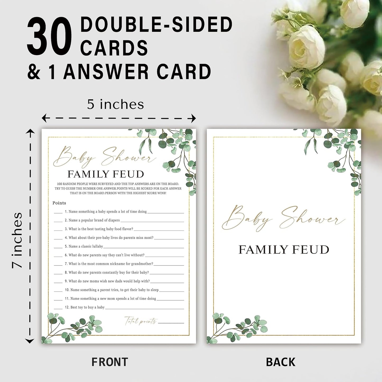 Family Feud Baby Shower Game - Pack of 30 Cards, Answer Key, Greenery Decorations, Feud Game Supplies-04